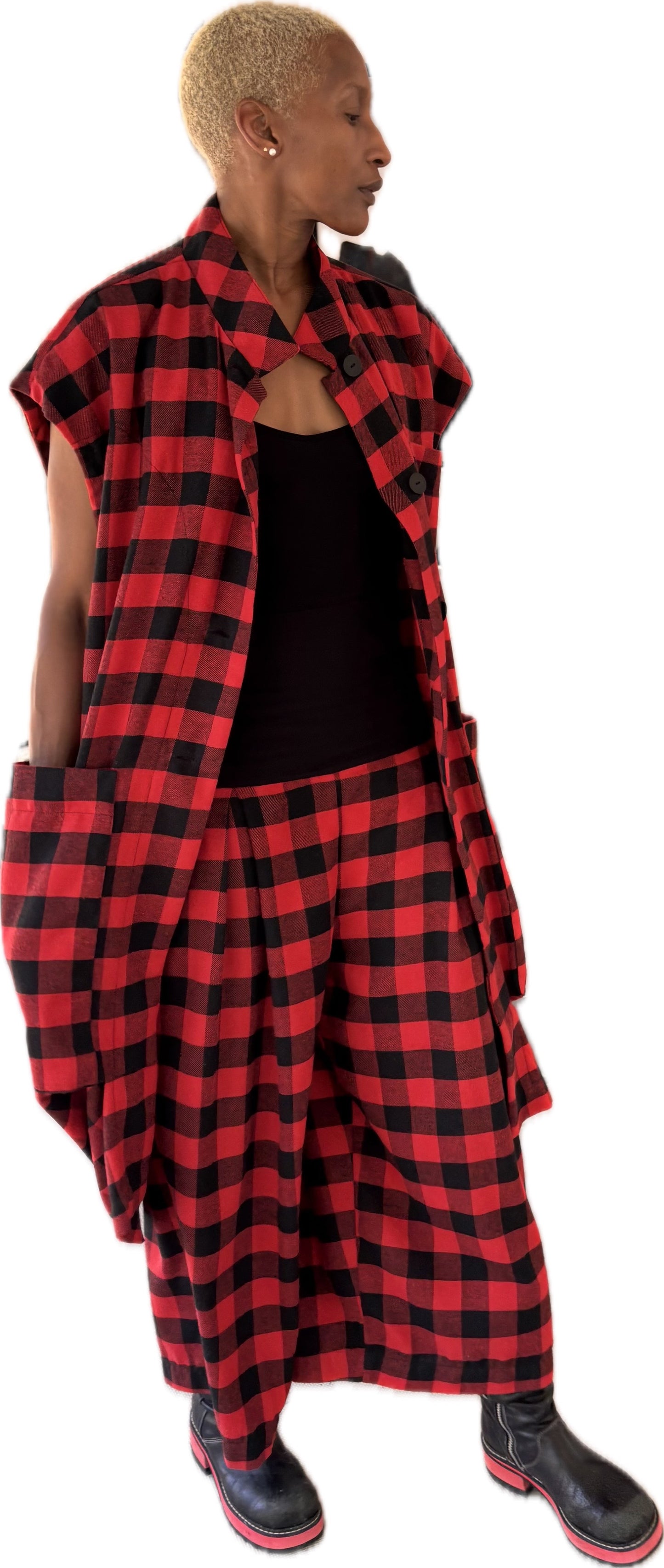 The Double Take vest - red + black cotton flannel check