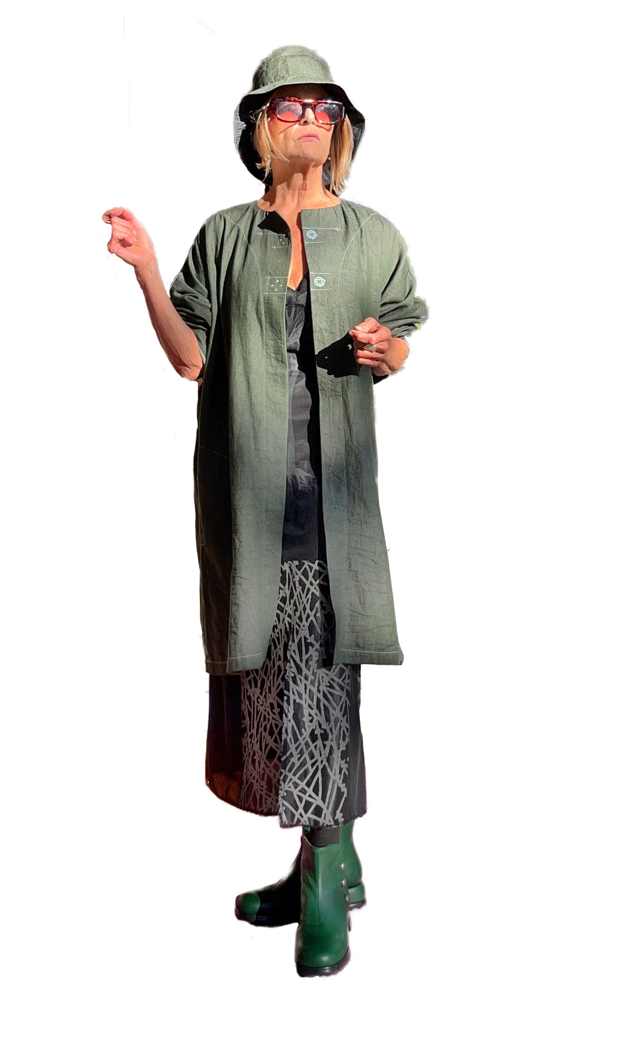 Moss Sheath Collarless jacket 100% Cotton olive denim