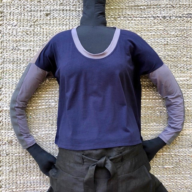 Free the World  - Organic Knit Top - Sand / Grey Lavender with beaded/sequinned vintage Annie logo on back